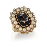 A PEARL, ENAMEL AND DIAMOND MOURNING RING