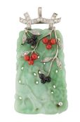 AN ART DECO JADE, DIAMOND, CORAL AND ONYX PENDANT BROOCH