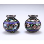 A SMALL PAIR OF SILVER AND ENAMEL VASES