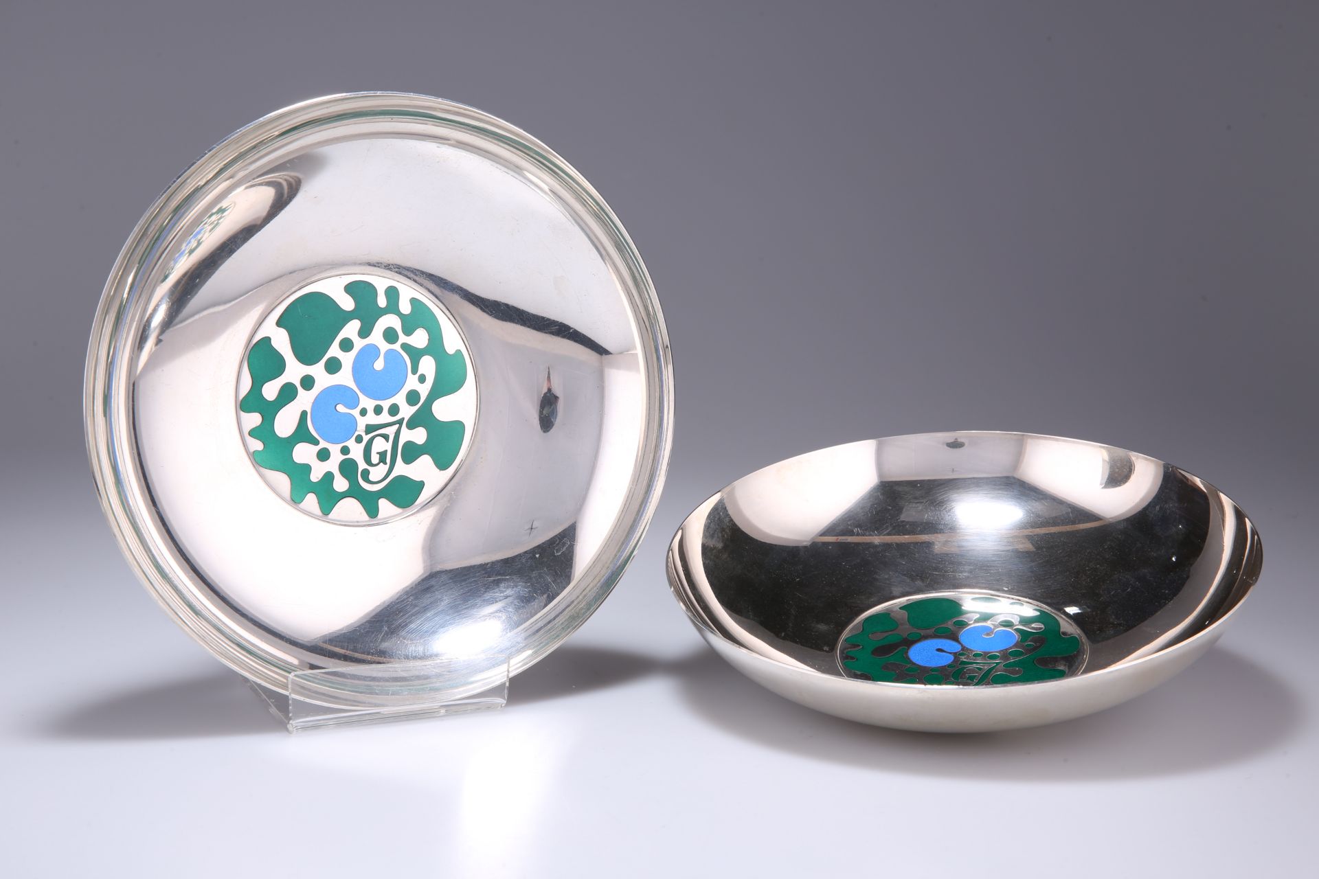 A RARE PAIR OF DANISH SILVER AND ENAMEL BOWLS