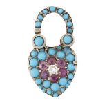 A TURQUOISE, RUBY AND DIAMOND HEART-SHAPED PADLOCK CLASP