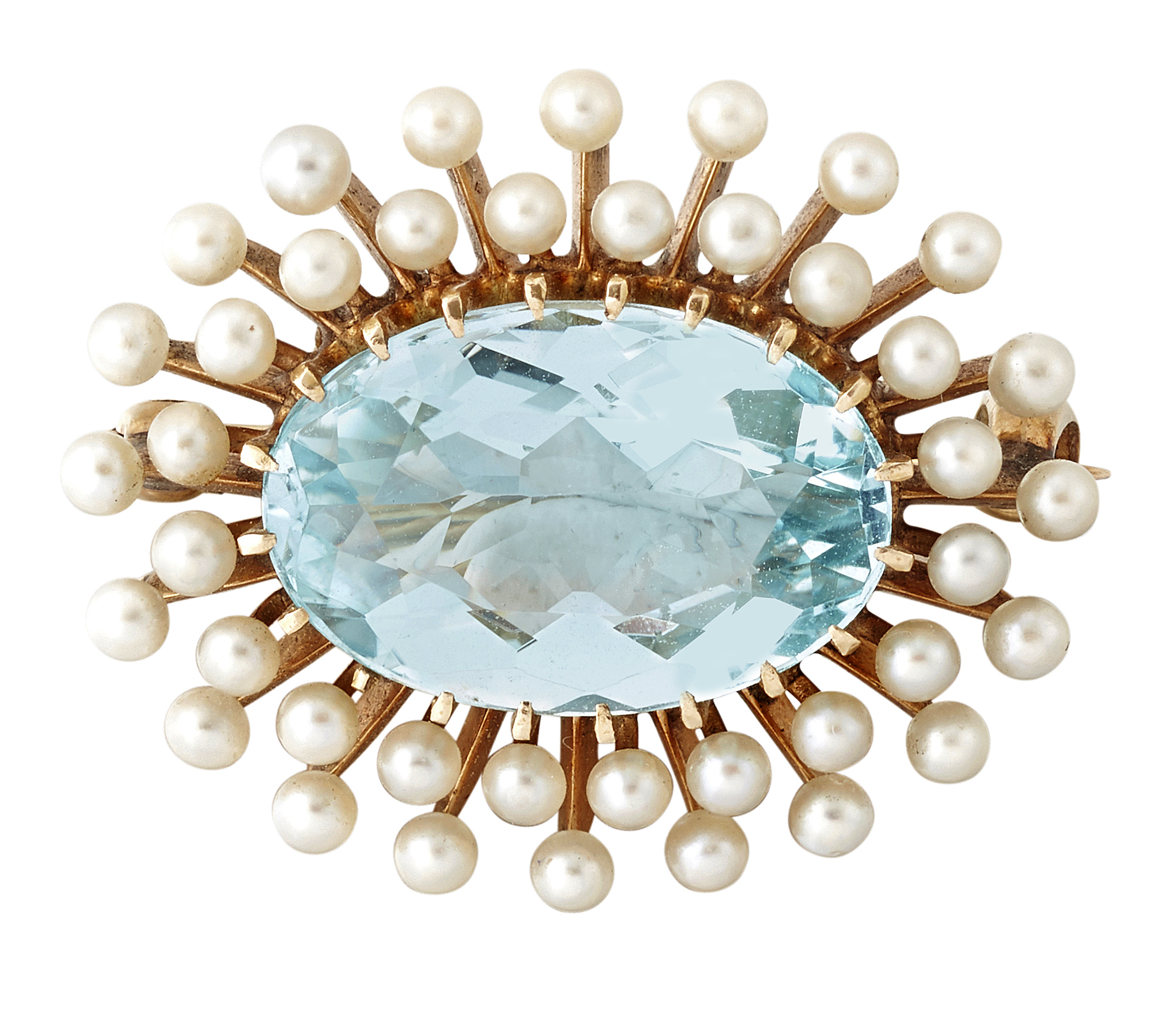 AN AQUAMARINE AND CULTURED PEARL BROOCH