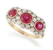 A RUBY AND DIAMOND CLUSTER RING