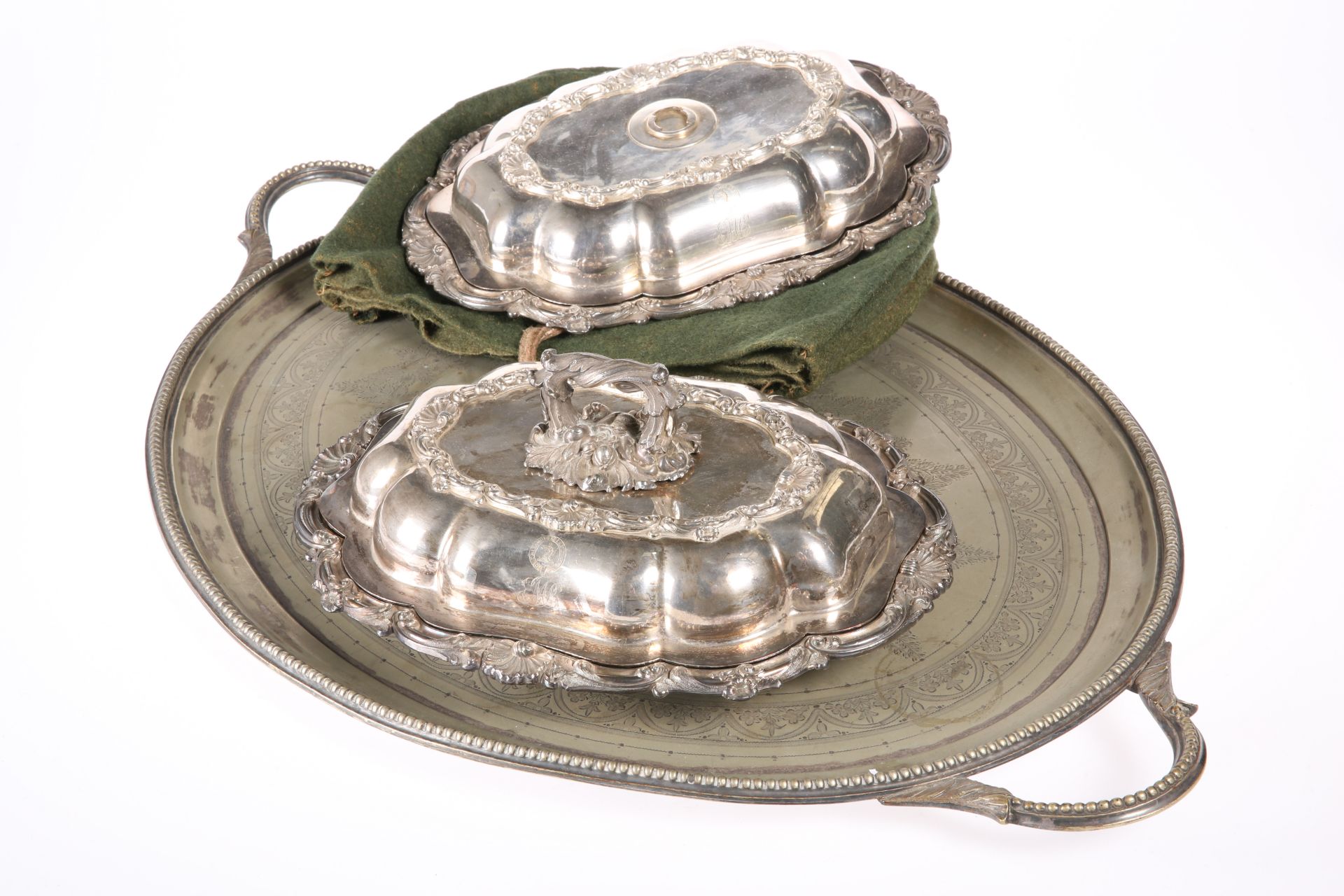 ~ A PAIR OF 19TH CENTURY SILVER-PLATED ENTREE DISHES