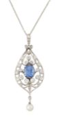 AN EARLY 20TH CENTURY SAPPHIRE AND DIAMOND PENDANT ON CHAIN