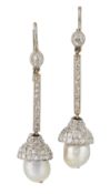 A PAIR OF NATURAL SALTWATER PEARL AND DIAMOND PENDANT EARRINGS