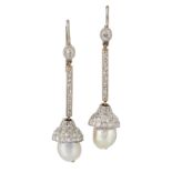 A PAIR OF NATURAL SALTWATER PEARL AND DIAMOND PENDANT EARRINGS