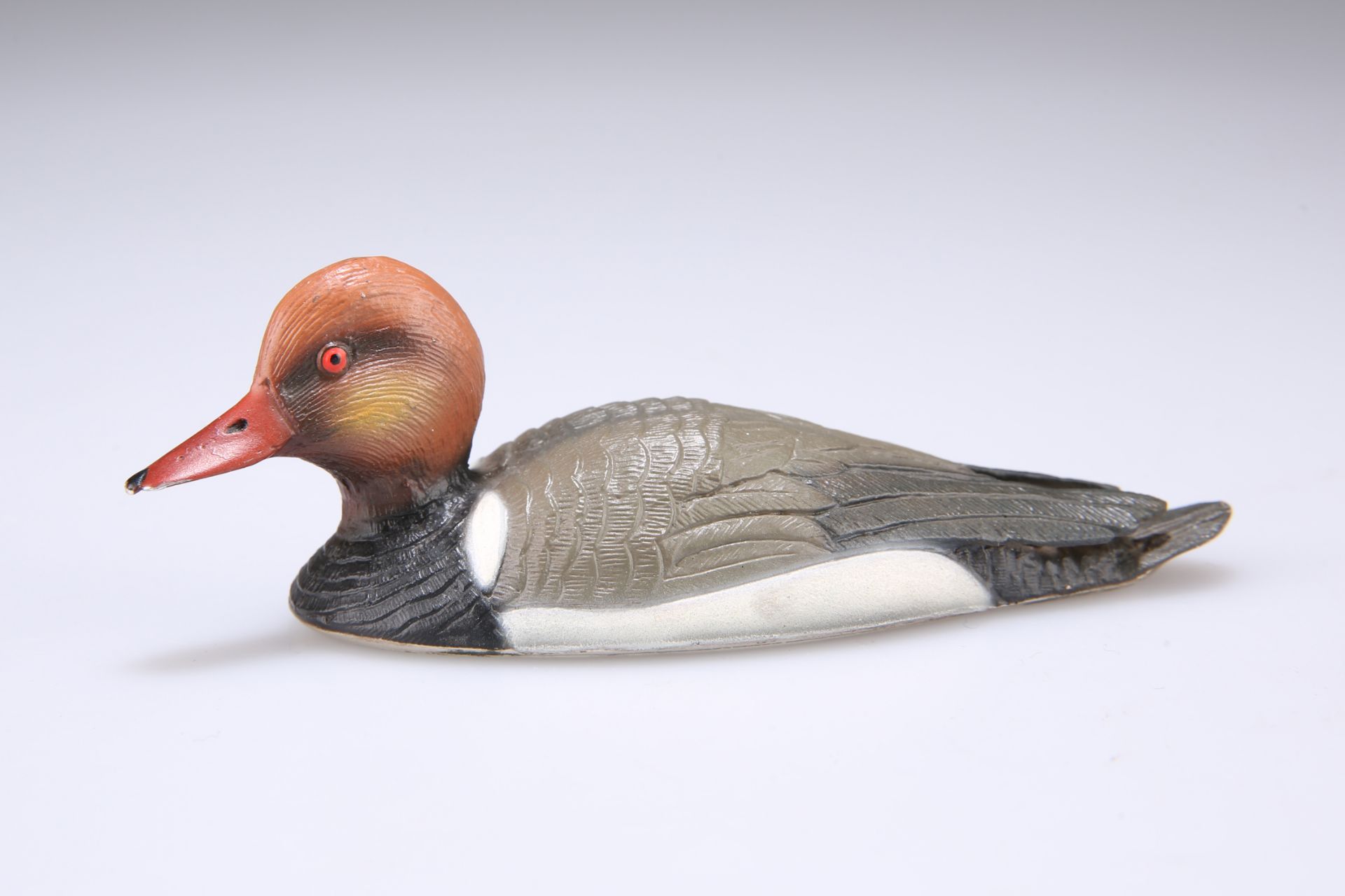 AN ITALIAN COLD PAINTED SILVER MODEL OF A RED CRESTED POCHARD DUCK (Netta Rufina), by R. Miracoli,