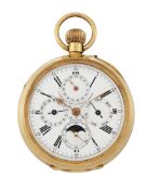 AN 18 CARAT GOLD OPEN FACED CHRONOGRAPH POCKET WATCH