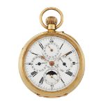 AN 18 CARAT GOLD OPEN FACED CHRONOGRAPH POCKET WATCH