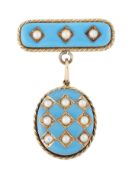 A BLUE ENAMEL AND SPLIT PEARL LOCKET BROOCH