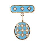 A BLUE ENAMEL AND SPLIT PEARL LOCKET BROOCH