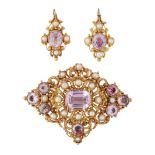A 19TH CENTURY PINK TOPAZ AND PEARL BROOCH AND EARRING SUITE