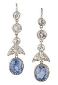 A PAIR OF EARLY 20TH CENTURY SAPPHIRE AND DIAMOND PENDANT EARRINGS