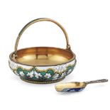 A RUSSIAN SILVER GILT AND ENAMEL PRESERVE DISH AND SPOON