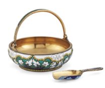 A RUSSIAN SILVER GILT AND ENAMEL PRESERVE DISH AND SPOON