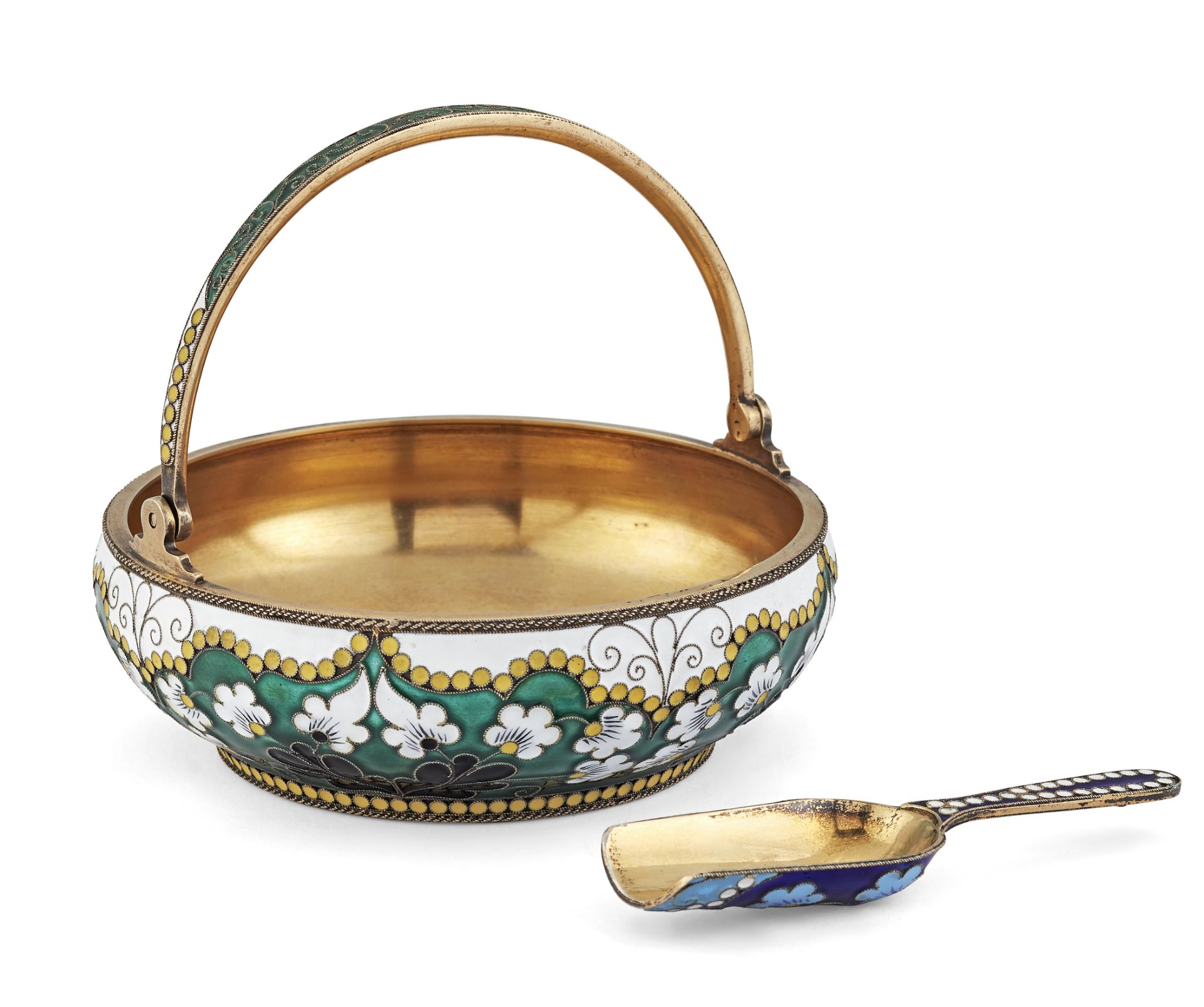 A RUSSIAN SILVER GILT AND ENAMEL PRESERVE DISH AND SPOON