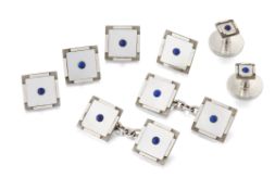 A CASED ART DECO MOTHER-OF-PEARL AND LAPIS LAZULI DRESS STUD AND CUFFLINK SET