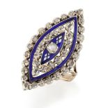 AN 18TH CENTURY BLUE ENAMEL AND DIAMOND BAGUE DE FIRMAMENT NAVETTE RING