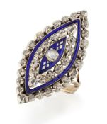 AN 18TH CENTURY BLUE ENAMEL AND DIAMOND BAGUE DE FIRMAMENT NAVETTE RING