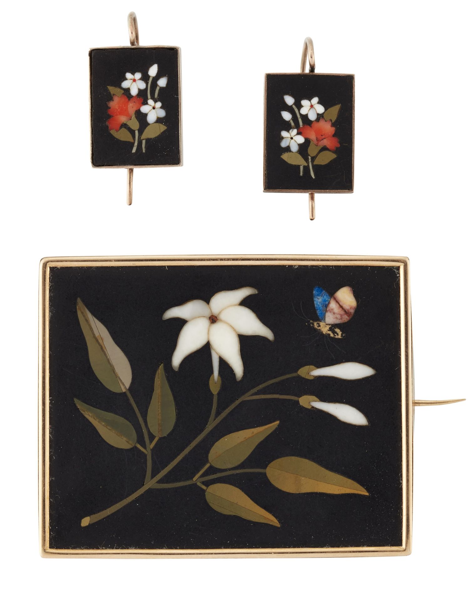 A VICTORIAN PIETRA DURA BROOCH AND PAIR OF EARRINGS