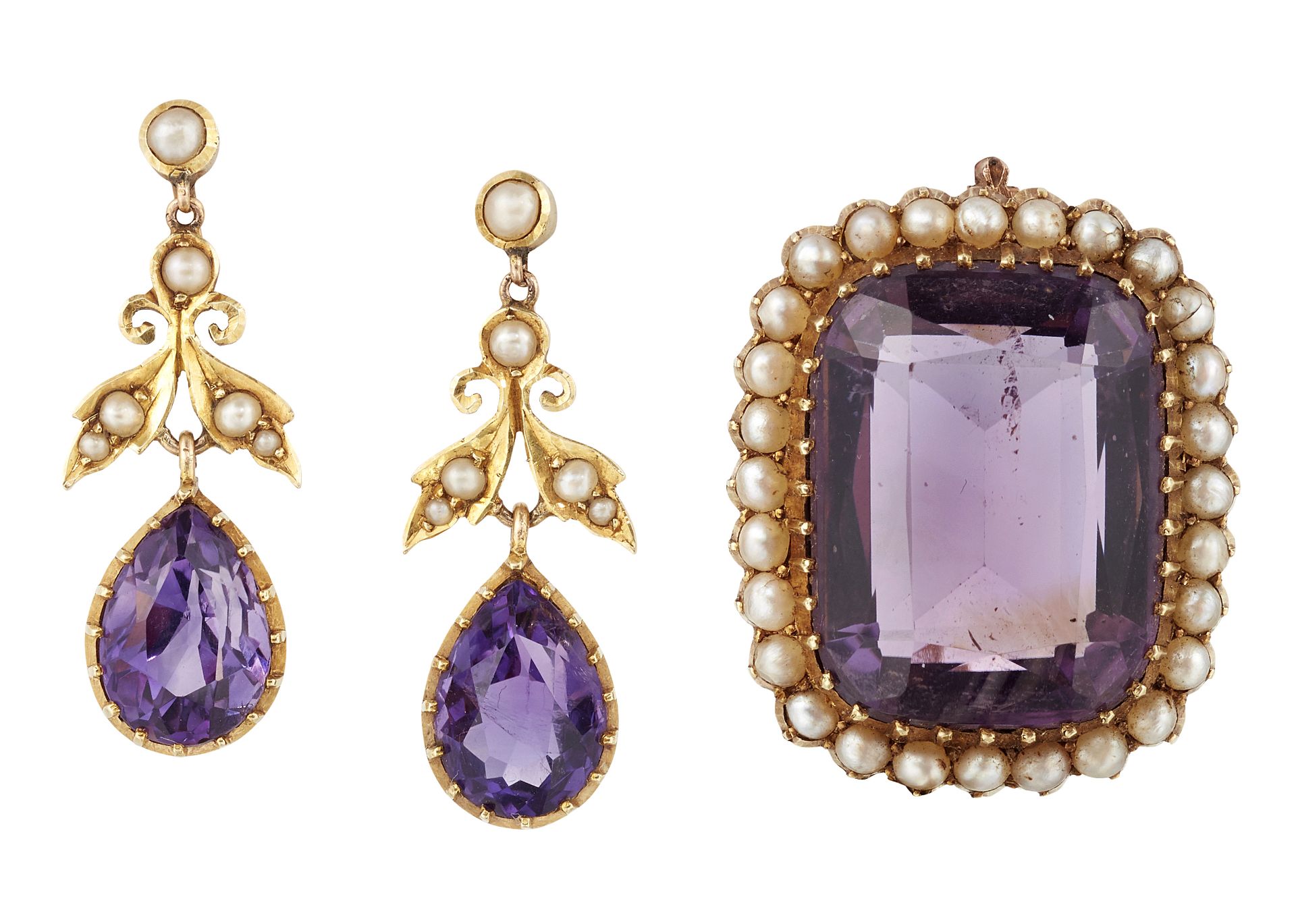 A PAIR OF VICTORIAN AMETHYST AND SEED PEARL EARRINGS AND AN AMETHYST AND SEED PEARL BROOCH