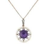 AN EARLY 20TH CENTURY AMETHYST, DIAMOND AND ENAMEL PENDANT ON CHAIN