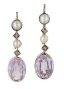 A PAIR OF PINK TOURMALINE, PEARL AND DIAMOND PENDANT EARRINGS