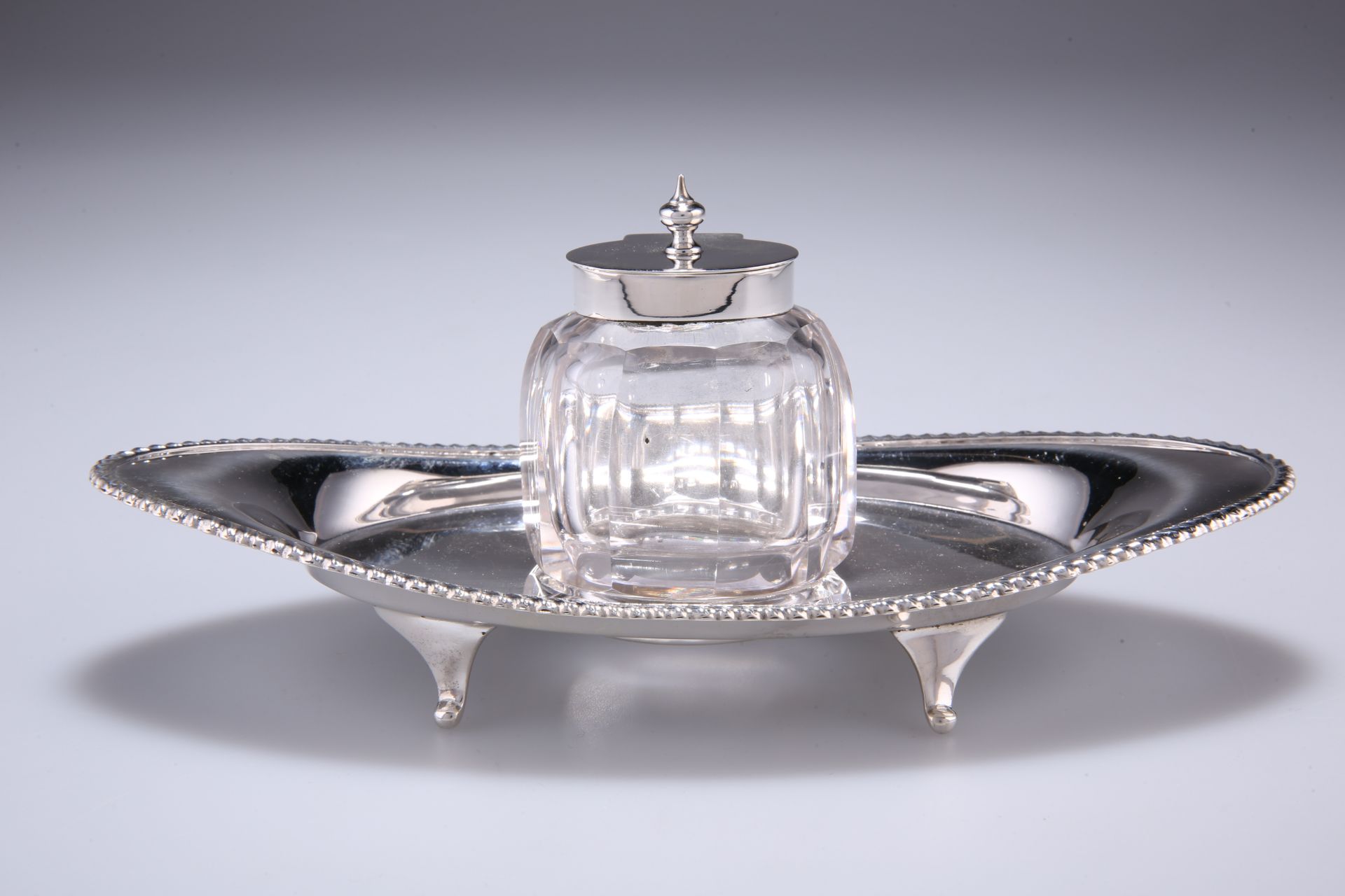 A LATE VICTORIAN SILVER AND CUT GLASS INKWELL AND INKSTAND