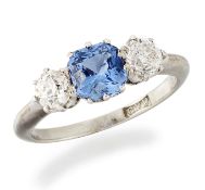 A SAPPHIRE AND DIAMOND THREE STONE RING