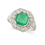 AN ART DECO STYLE EMERALD AND DIAMOND RING