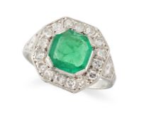 AN ART DECO STYLE EMERALD AND DIAMOND RING
