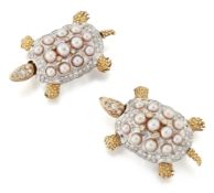 A PAIR OF CULTURED PEARL AND DIAMOND ARTICULATED TURTLE BROOCHES