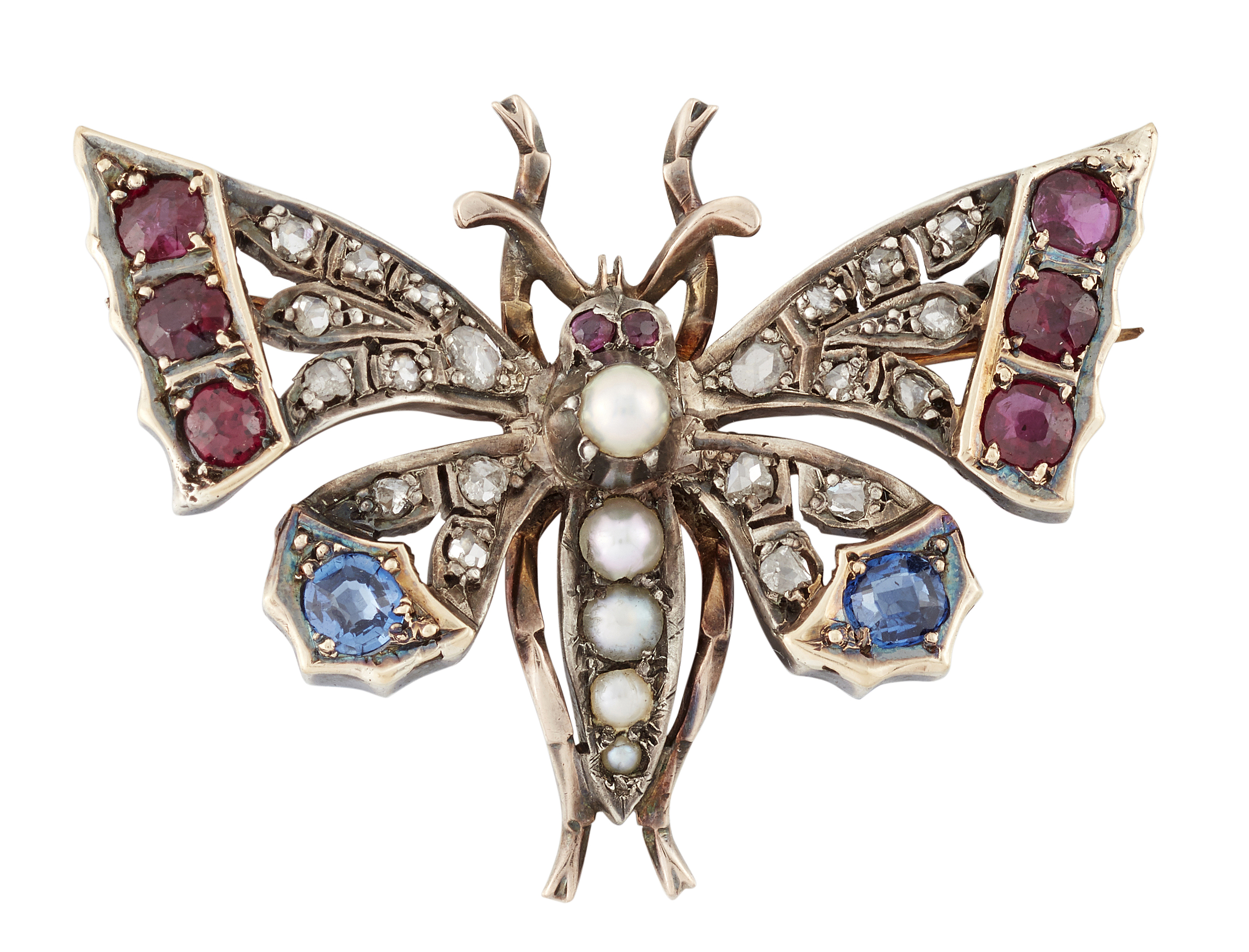 A VICTORIAN RUBY, SAPPHIRE, PEARL AND DIAMOND BUTTERFLY BROOCH