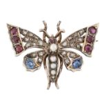 A VICTORIAN RUBY, SAPPHIRE, PEARL AND DIAMOND BUTTERFLY BROOCH
