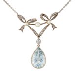 AN AQUAMARINE, PEARL AND DIAMOND NECKLACE