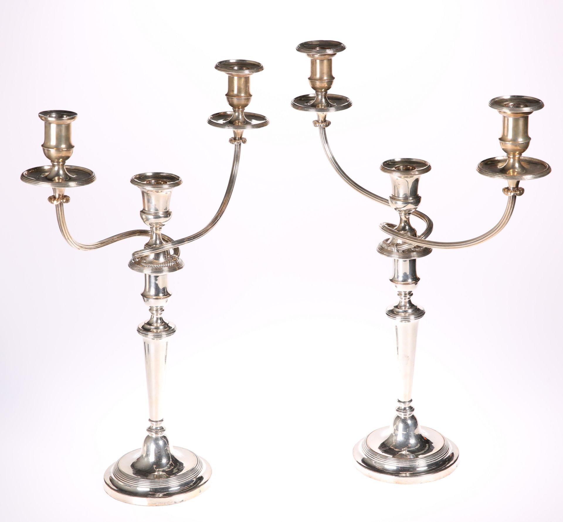 A PAIR OF MATTHEW BOULTON OLD SHEFFIELD PLATE THREE LIGHT CANDELABRA