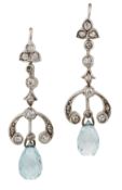 A PAIR OF AQUAMARINE AND DIAMOND PENDANT EARRINGS