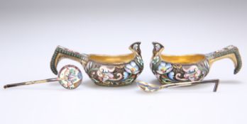 A PAIR OF RUSSIAN SILVER GILT AND CLOISONNE ENAMEL SALTS