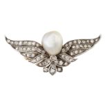 AN EARLY 20TH CENTURY NATURAL SALTWATER PEARL AND DIAMOND BROOCH