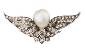 AN EARLY 20TH CENTURY NATURAL SALTWATER PEARL AND DIAMOND BROOCH