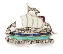 AN EARLY 20TH CENTURY DIAMOND, SAPPHIRE, RUBY AND ENAMEL LONG SHIP BROOCH