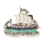 AN EARLY 20TH CENTURY DIAMOND, SAPPHIRE, RUBY AND ENAMEL LONG SHIP BROOCH