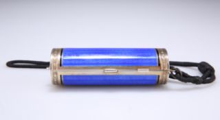 A CONTINENTAL SILVER BLUE GUILLOCHE ENAMEL CYLINDRICAL COMPACT