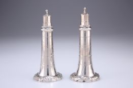 A RARE PAIR OF VICTORIAN SILVER NOVELTY LIGHTHOUSE PEPPERS