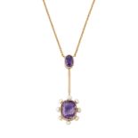 AN AMETHYST AND SEED PEARL PENDANT, an oval-cut am