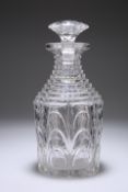 A HEAVY VICTORIAN CUT-GLASS DECANTER, the body cut with "Cathedral Arches" below a heavily cut