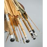 FISHING: four rods comprising A SPLIT CANE FLY ROD BY A E RUDGE & SON, RUDDICK, three pieces, 9' 6";