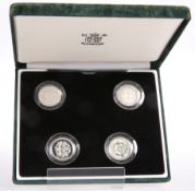 A SET OF FOUR UK SILVER PROOF ONE POUND COINS, in Royal Mint case, comprising 1996, 2002, 2001 and