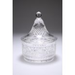 A CUT-GLASS BON BON JAR AND COVER, PROBABLY BACCARAT, circular, the heavily cut body with